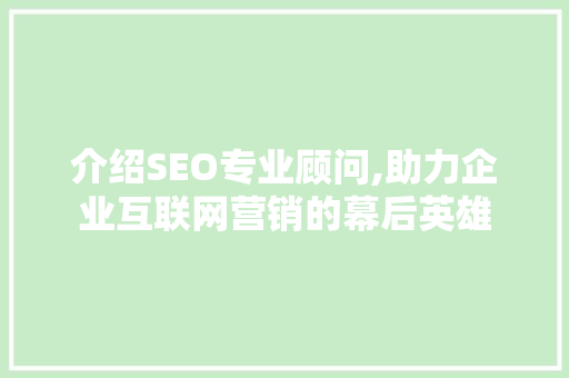 介绍SEO专业顾问,助力企业互联网营销的幕后英雄