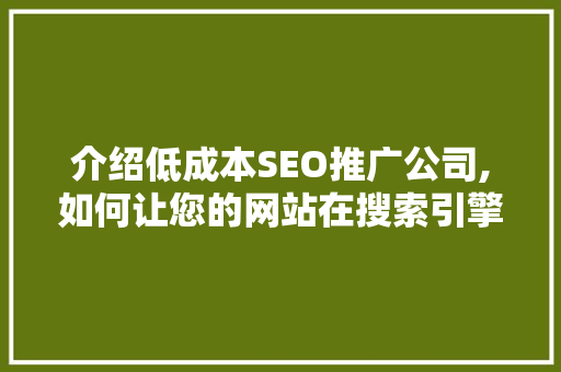 介绍低成本SEO推广公司,如何让您的网站在搜索引擎中脱颖而出