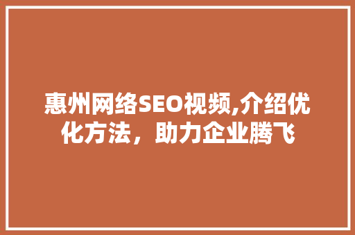 惠州网络SEO视频,介绍优化方法，助力企业腾飞