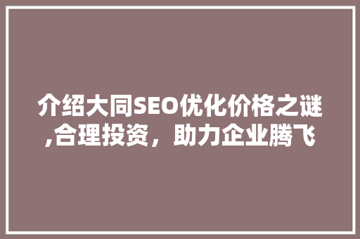 介绍大同SEO优化价格之谜,合理投资，助力企业腾飞