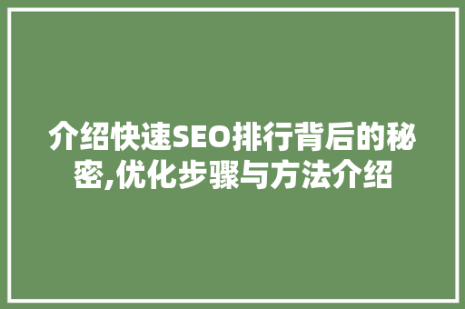 介绍快速SEO排行背后的秘密,优化步骤与方法介绍