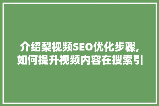 介绍梨视频SEO优化步骤,如何提升视频内容在搜索引擎中的排名