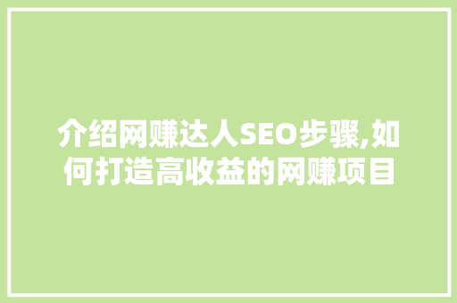 介绍网赚达人SEO步骤,如何打造高收益的网赚项目