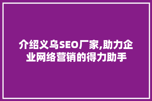 介绍义乌SEO厂家,助力企业网络营销的得力助手