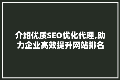 介绍优质SEO优化代理,助力企业高效提升网站排名