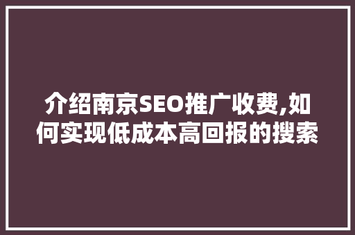 介绍南京SEO推广收费,如何实现低成本高回报的搜索引擎优化步骤