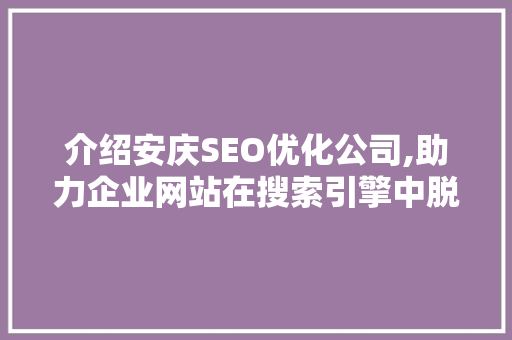 介绍安庆SEO优化公司,助力企业网站在搜索引擎中脱颖而出