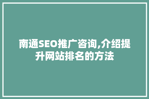 南通SEO推广咨询,介绍提升网站排名的方法