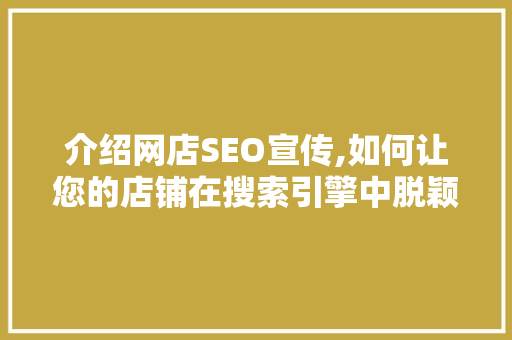 介绍网店SEO宣传,如何让您的店铺在搜索引擎中脱颖而出