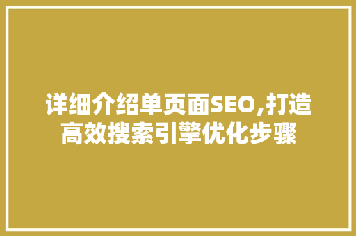 详细介绍单页面SEO,打造高效搜索引擎优化步骤