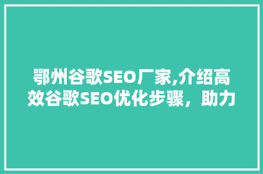 鄂州谷歌SEO厂家,介绍高效谷歌SEO优化步骤，助力企业海外市场拓展
