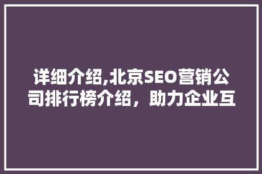 详细介绍,北京SEO营销公司排行榜介绍，助力企业互联网营销腾飞