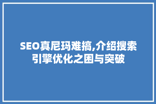 SEO真尼玛难搞,介绍搜索引擎优化之困与突破