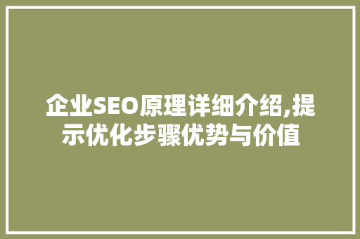 企业SEO原理详细介绍,提示优化步骤优势与价值