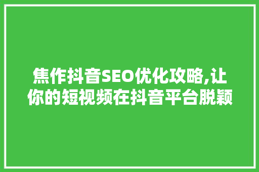 焦作抖音SEO优化攻略,让你的短视频在抖音平台脱颖而出
