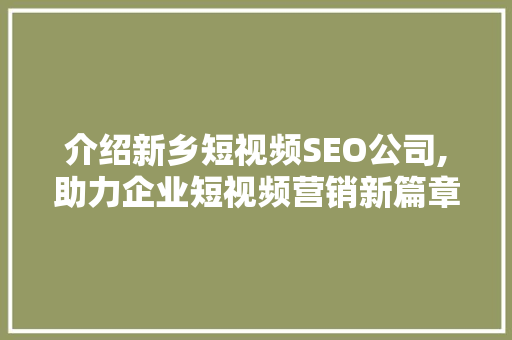 介绍新乡短视频SEO公司,助力企业短视频营销新篇章