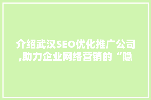 介绍武汉SEO优化推广公司,助力企业网络营销的“隐形推手”