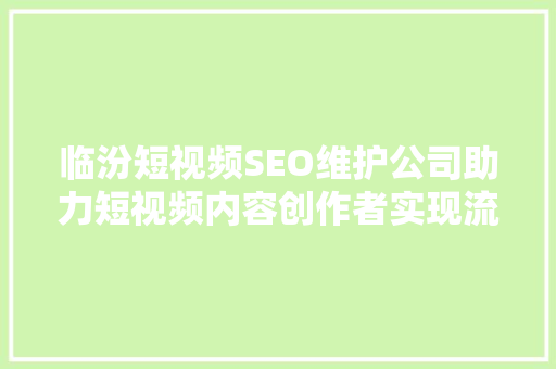 临汾短视频SEO维护公司助力短视频内容创作者实现流量翻倍