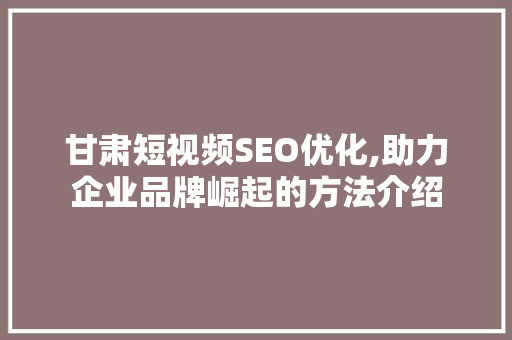 甘肃短视频SEO优化,助力企业品牌崛起的方法介绍