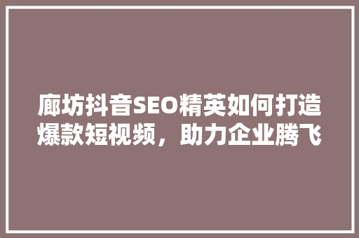 廊坊抖音SEO精英如何打造爆款短视频，助力企业腾飞
