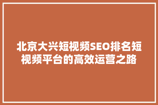 北京大兴短视频SEO排名短视频平台的高效运营之路