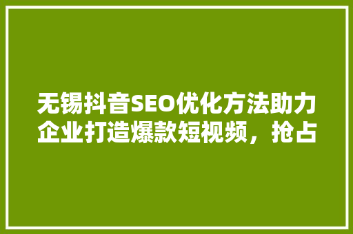 无锡抖音SEO优化方法助力企业打造爆款短视频，抢占流量高地