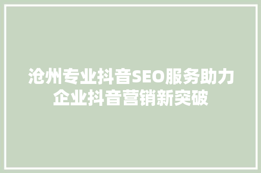 沧州专业抖音SEO服务助力企业抖音营销新突破
