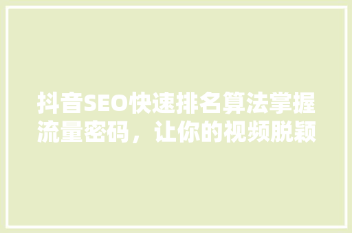 抖音SEO快速排名算法掌握流量密码，让你的视频脱颖而出