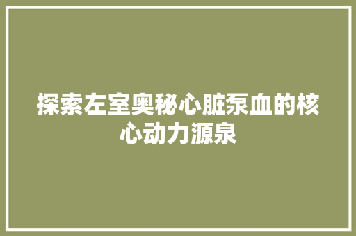 探索左室奥秘心脏泵血的核心动力源泉